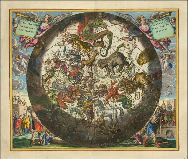Haemisphaerium Stellatum Boreale cum Subiecto Hæmisphaerio Terrestri, Northern Star Hemisphere with the Earth's hemisphere below. It is a famous sky map from the Harmonia Macrocosmica, an important star atlas published in 1660 by German-Dutch cartographer Andreas Cellarius. The map shows the northern constellations, represented as mythological figures and animals that populate the sky. In the center is a depiction of the Earth's northern hemisphere, digitally restored reproduction from a 17th century model, authentic, exact date of depiction unknown