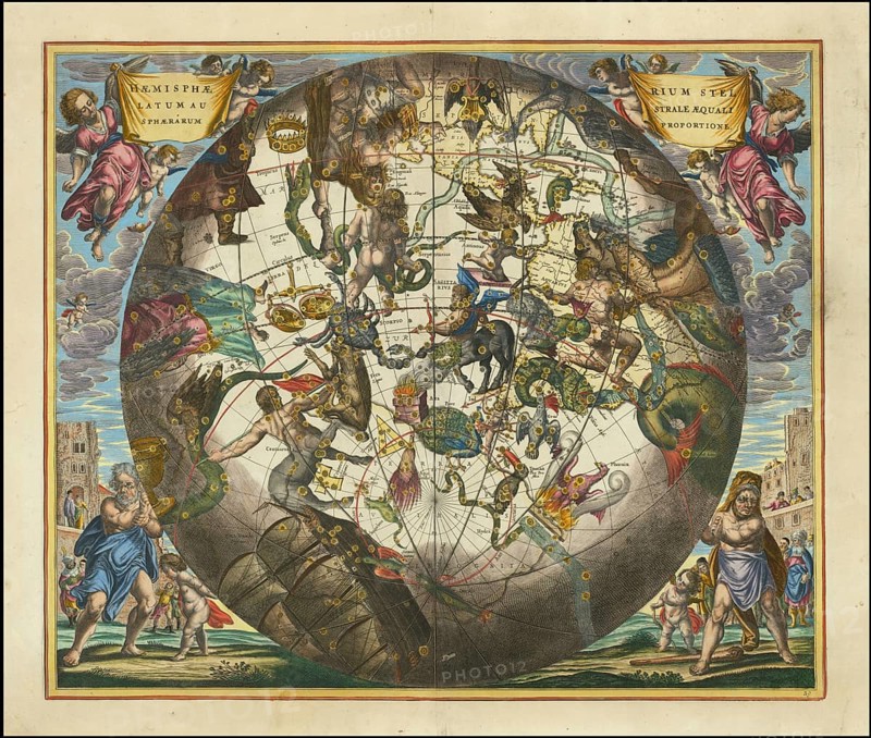 Ancient star map, specifically a depiction of the southern hemisphere, Haemisphaerium Stellatum Australe. It shows mythological figures and creatures that represent the various constellations of the southern hemisphere and comes from the atlas Harmonia Macrocosmica by Andreas Cellarius, originally published in 1660, digitally restored reproduction from a 17th century model, authentic, exact date of presentation unknown