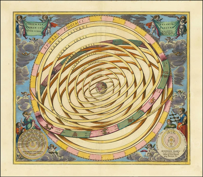 Orbium Planetarum Terram Complectentium Scenographia by Andreas Cellarius, a famous sky map that was first published in 1660 in his atlas Harmonia Macrocosmica. Geocentric world view, the map shows a three-dimensional projection of the Ptolemaic system, in which the Earth is at the center of the universe. The sun, the moon and the then known planets Mercury, Venus, Mars, Jupiter and Saturn orbit the earth on complex orbits within a zodiac and equinox sphere, digitally restored reproduction from a 17th century model, authentic, exact date of presentation unknown