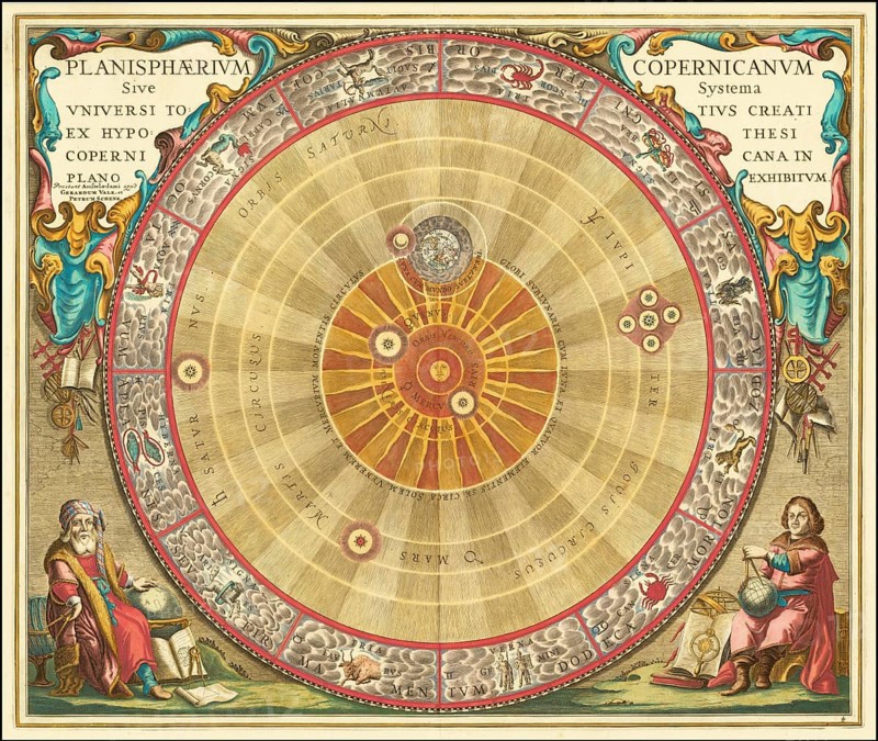Historical astronomical map titled Planisphaerium Copernicanum. It comes from the atlas Harmonia Macrocosmica by the German-Dutch cartographer Andreas Cellarius, and shows the Copernican, heliocentric view of the world, which focuses on the sun, digitally restored reproduction of a 17th-century model, authentic, exact date of presentation unknown