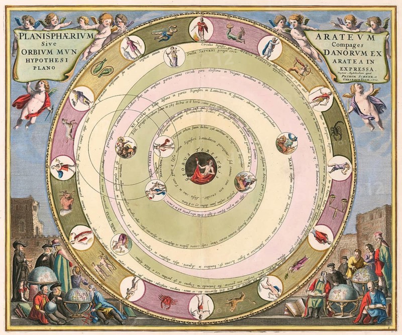 Planisphaerium of Aratos from the famous celestial atlas Harmonia Macrocosmica by Andreas Cellarius. The map illustrates the geocentric, earth-centered hypothesis of Aratos of Soloi, a Greek poet and astronomer of antiquity. It depicts the earth in the center, around which the sun, moon and the then known planets move in circular orbits, surrounded by the zodiac band, digitally restored reproduction from a 17th century model, authentic, exact date of presentation unknown