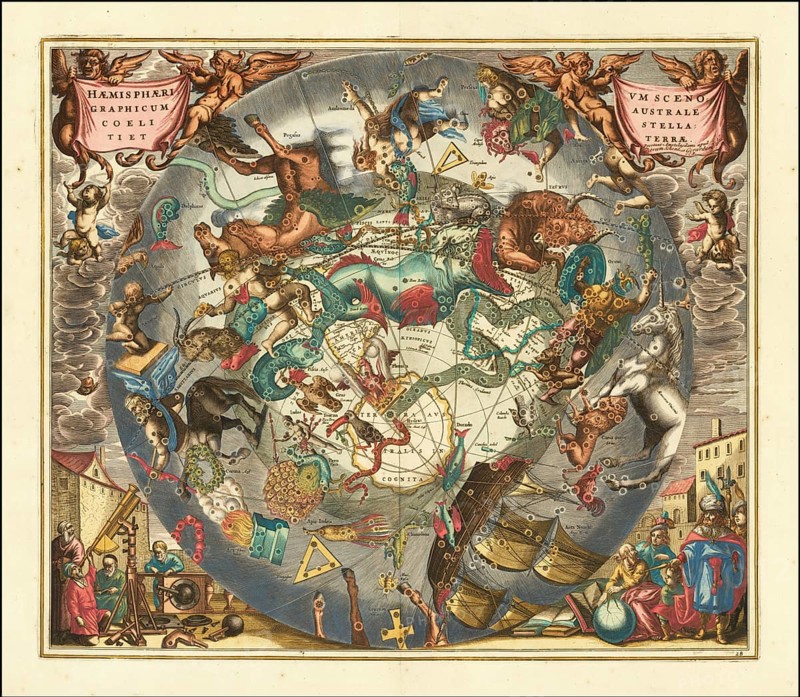 Historical sky map Haemisphaerium Scenographicum Australe Coeli Stellati et Terrae by German astronomer and cartographer Andreas Cellarius, comes from his famous celestial atlas Harmonia Macrocosmica, which was originally published in 1660. The map shows the constellations of the southern hemisphere in a scenographic representation, meaning that the constellations appear to float as living, mythological figures above a geographical representation of the southern hemisphere, including South America, southern Africa and the Terra Australis Incognita, digitally restored reproduction from a 17th century original, authentic, exact date of depiction unknown
