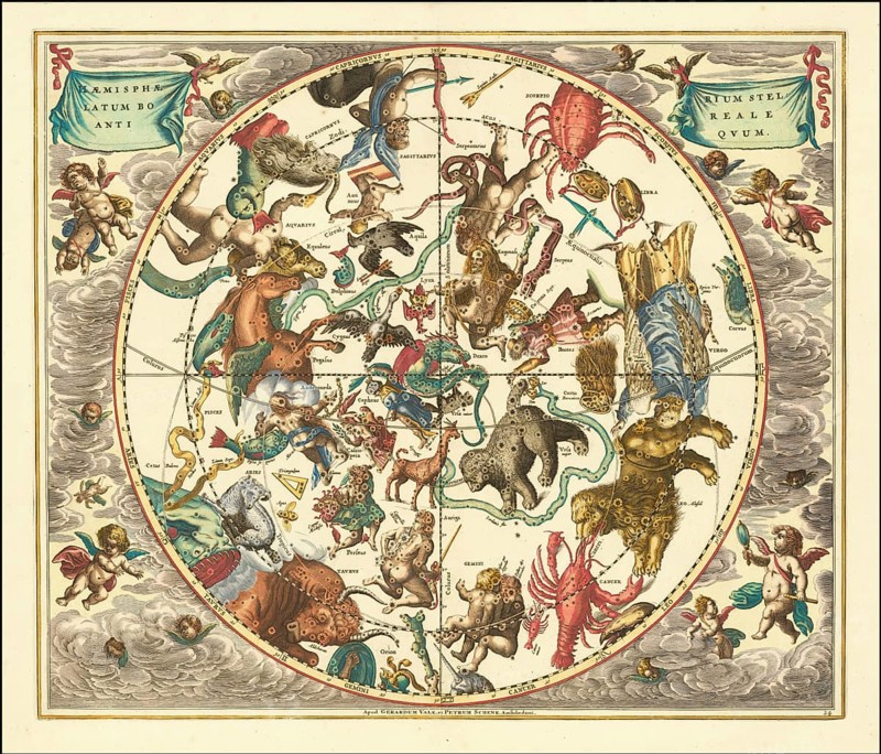 Haemisphaerium Stellatum Boreale Antiquum, a historical celestial map depicting the constellations of the northern hemisphere. It comes from the famous star atlas Harmonia Macrocosmica, published in 1660 by the German-Dutch cartographer Andreas Cellarius, and shows the northern celestial hemisphere, with the constellations illustrated in the traditional ancient (Ptolemaic) representation as mythological figures and animals, digitally restored reproduction from a 17th century original, authentic, exact date of depiction unknown