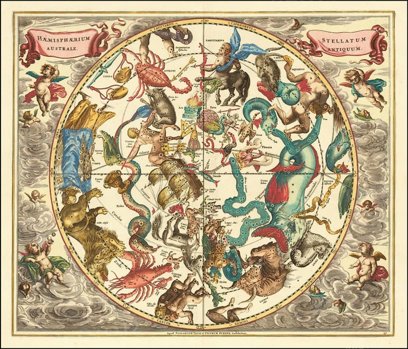 Historical sky map titled Haemisphaerium Stellatum Australe Antiquum, Ancient Southern Half of Stars. The map shows the constellations of the southern hemisphere as they were known in classical antiquity. Despite the title, it also contains several newly identified stars introduced around 1612 by cartographer Petrus Plancius, digitally restored reproduction from a 17th century model, authentic, exact date of depiction unknown