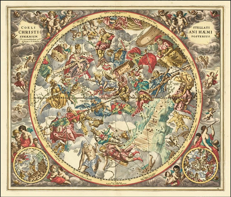 Historical sky map titled Coeli Stellati Christiani Haemisphaerium Posterius. It comes from the celestial atlas Harmonia Macrocosmica by German-Dutch cartographer Andreas Cellarius, which was first published in 1660. The map is unique because it replaces traditional pagan constellations with figures from Judaism and Christianity, based on the ideas of astronomer Julius Schiller from the early 17th century. The zodiac signs were replaced by the Twelve Apostles. Constellations from the southern hemisphere depict figures from the Old Testament, while those from the northern hemisphere represent characters from the New Testament, digitally restored reproduction from a 17th century model, authentic, exact date of depiction unknown