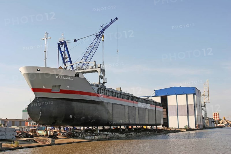 Freight ship MAASBORG at the shipyard, Leer, East Frisia, Germany