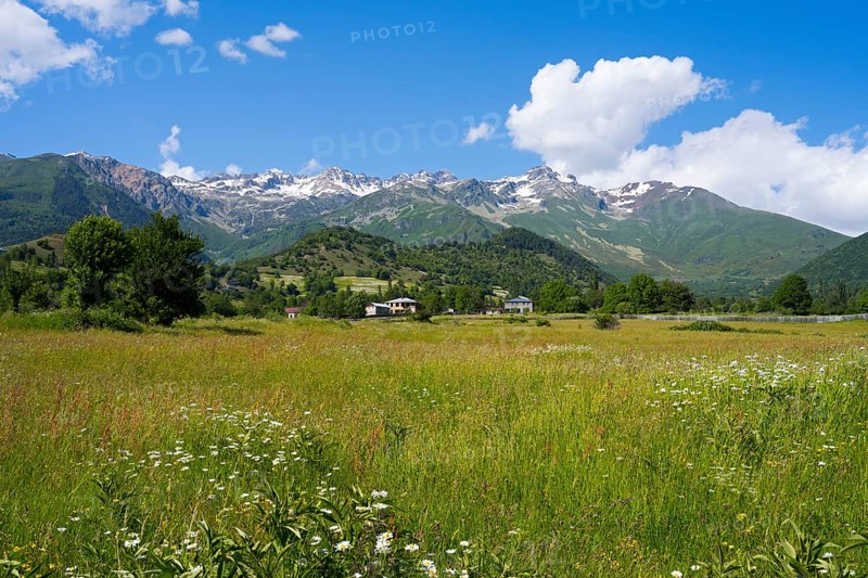 Wide meadow landscape with views of mountains and cloudy blue sky, surrounded by green hills, landscape near Iskari, Mingrelia and Upper Svaneti, Samegrelo-Zemo Svaneti, Svaneti, High or Greater Caucasus, Georgia