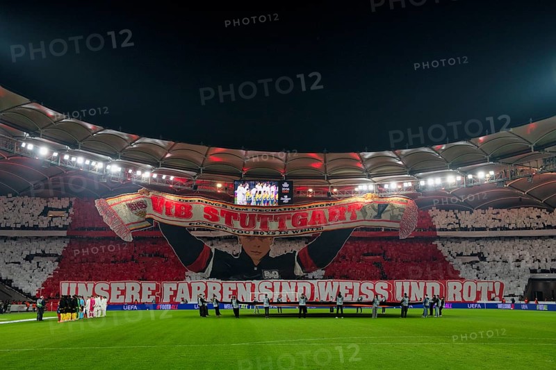 Choreo, choreography, fan action VfB Stuttgart, Cannstatter Kurve, OUR COLORS ARE WHITE AND RED soccer, UEFA EUROPA LEAGUE, MHPArena, MHP Arena Stuttgart, Baden-Württemberg, Germany