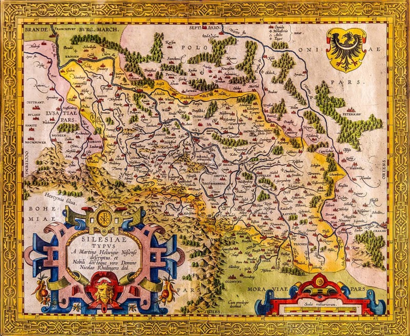 Map of Silesia as described by Martin Helwig from Neisse, cartographer Abraham Ortelius, copper engraving Antwerp 1609, Piast Castle Museum, 16th century, Gliwice, Poland