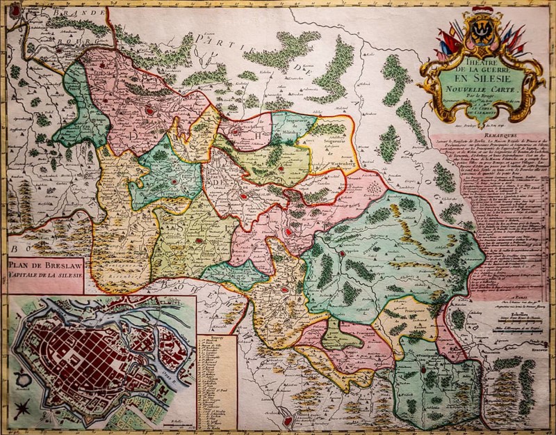 Map of Silesian theater of war and city map of Wroclaw by Georges Louis Le Rouge, court geographer of the French King Louis XV, copper engraving Paris 1741, Piast Castle Museum, 16th century, Gliwice, Poland