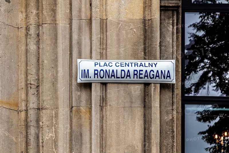 Street shil in honor of Ronald Reagan, Nova Huta, Socialist Realism district, Krakow, Poland