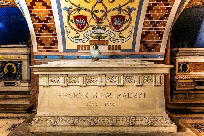 Tomb of Henryk Siemiradzki, painter, representative of academism, 1843—1902, crypt of earned Poland on Skalka hill, 1880, in the basement of the Pauliner Basilica, church on the rock, 14th century, Krakow, Poland