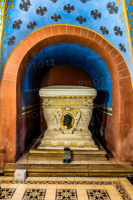 Tomb of Adam Asnyk, poet, writer, member of the National Council during the January Uprising, 1838—1897, crypt of the merits of Poland on Skalka Hill, 1880, in the basement of the Pauline Basilica, church on the rock, 14th century, Krakow