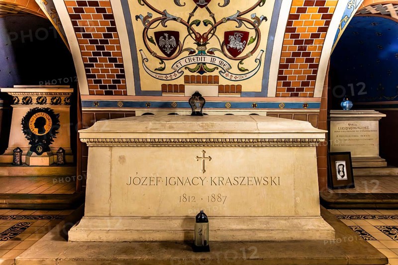 Tomb of Józef Ignacy Kraszewski, poet, writer, journalist, historian and social and political activist, 1812–1887, in the Crypt of the Deserving Poles, Skalka Hill, beneath the Pauline Basilica of St. Michael the Archangel and St. Stanislaus (Church on the Rock), built on the site of a Gothic church dating from the 14th century, Kraków, Poland.