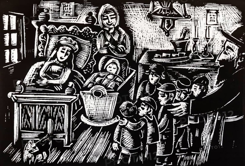 Prayer in the house of a newborn, woodcut by Ilia Schor, Old Synagogue — Museum of the Jewish History of Krakow, 15th century, Kazimierz Jewish Quarter, Krakow, Poland