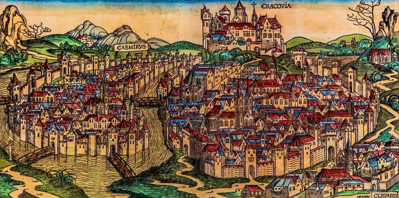 Historical view of Kazimierz, woodcut by M.Wolgemut, Nuremberg 1493, historically significant, formerly independent district that developed into an important center of Jewish culture since the 14th century, Krakow, Poland