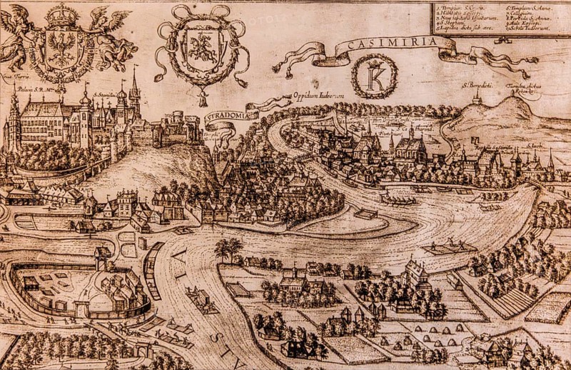Map of Kazimierz, copper engraving, 1608, Kazimierz Jewish Quarter, historically significant, formerly independent district that developed into an important center of Jewish culture since the 14th century, Krakow, Poland