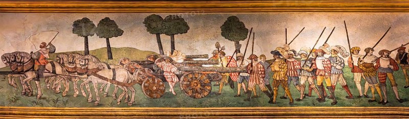 Ceiling fresco with soldiers and cannons, Wawel Royal Castle, former residence and seat of government of the kings of Poland, founded around 1000, Krakow, Poland
