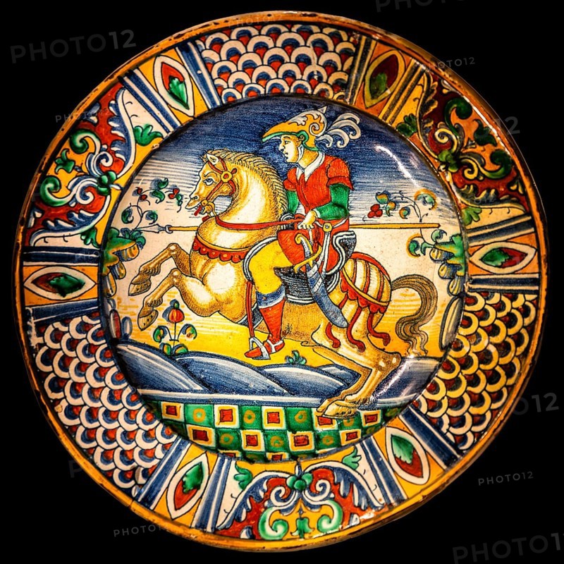 Horse-rider, ceramic plate, Deruta, 16th century, Wawel Royal Castle, former residence and seat of government of the kings of Poland, founded around 1000, Krakow, Poland