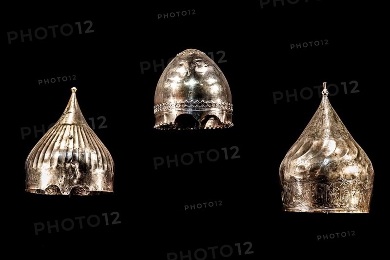 Steel and silver helmets, 16th century Turkey, Wawel Royal Castle, former residence and seat of government of the kings of Poland, founded around 1000, Krakow, Poland