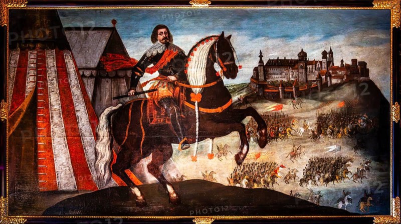 Portrait of King Ladislas IV on horseback with a view of Wawel, Poland, 18th century, Wawel Royal Castle, former residence and seat of government of the kings of Poland, founded around 1000, Krakow, Poland