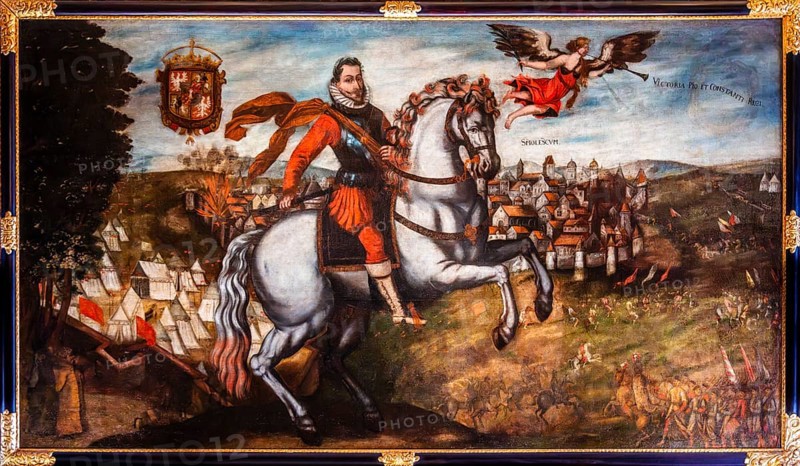 Equestrian portrait of King Sigismund III in front of Smolensk Fortress during the Polish-Russian War 1609—1618, Krakow 1611, Wawel Royal Castle, former residence and seat of government of the Kings of Poland, founded around 1000, Krakow, Poland