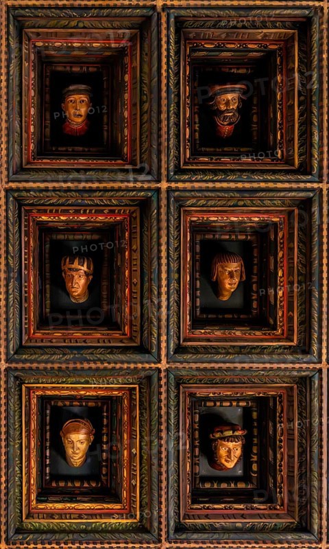 Wawel heads, coffered ceiling in the Hall of Ambassadors, Renaissance sculptures around 1540 by Tauerbach and Snycerz, allegories of estates, Wawel Royal Castle, former residence and seat of government of the kings of Poland, founded around 1000, Krakow, Poland