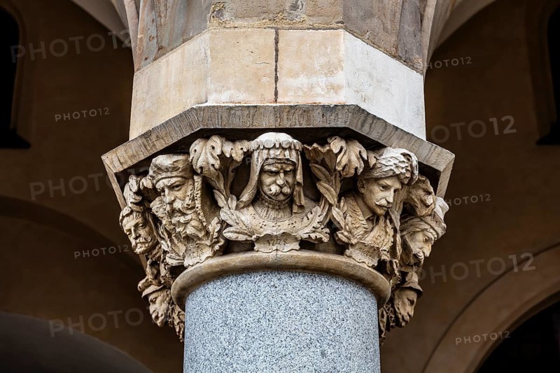 Arcades and Mascaron Heads, Rynek with Cloth Hall, from 13th century, Main Market Square, landmark of the city, Krakow, Poland