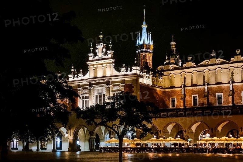 Night view of Rynek with Cloth Hall, from 13th century, Main Market Square, city landmark, Krakow, Poland