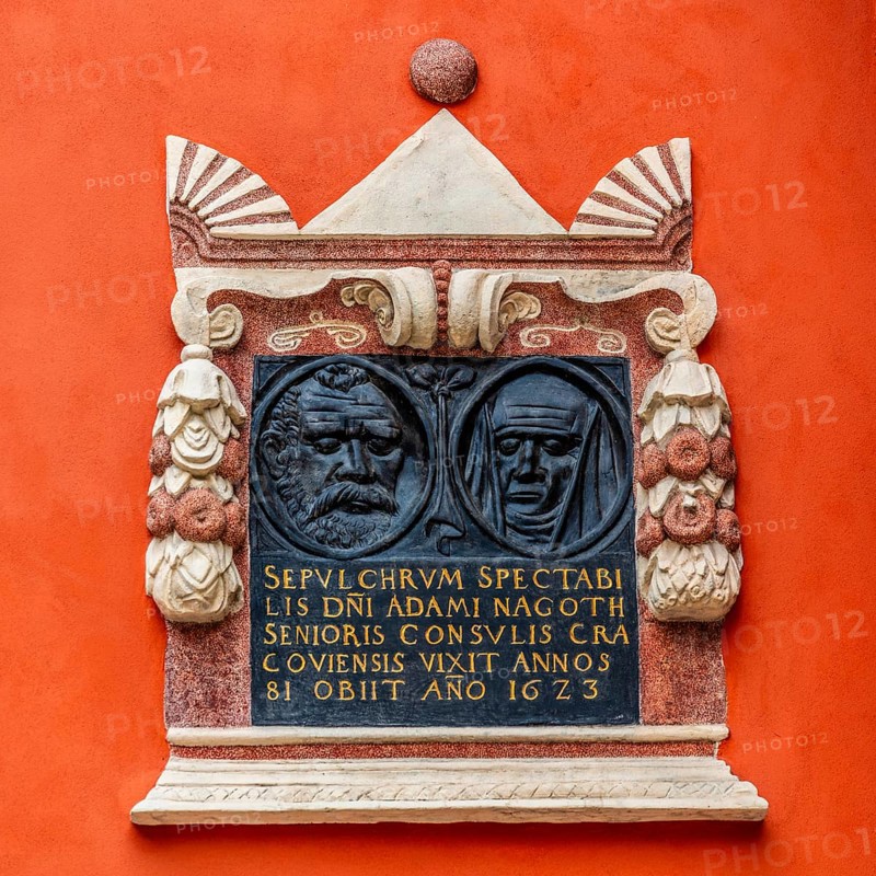 Memorial plaque at St. Mary's Basilica for Adam Nagoth senior, a councilman who died in 1623 at the age of 81, St. Mary's Church, 14th century, Krakow, Poland