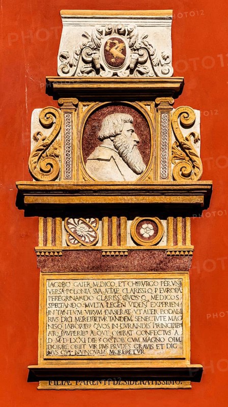 Memorial plaque at St. Mary's Basilica for Iacobus Galer, a distinguished physician and surgeon from the 16th century, St. Mary's Church, 14th century, Krakow, Poland
