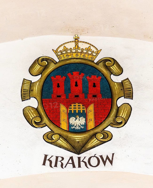 City coat of arms of Krakow, Rynek with Cloth Hall, from 13th century, Main Market Square, landmark of the city, Krakow, Poland