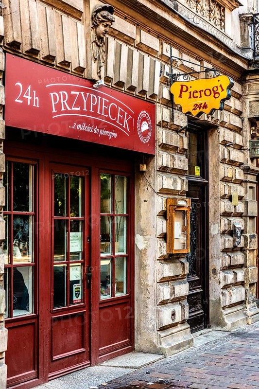 24 hours Pierogi, details of the old town lanes, Krakow, Poland