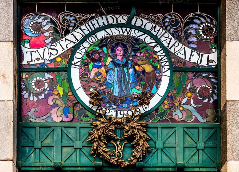 Stained glass window with reference to the former St. Stephen's Church, Krakow, Poland