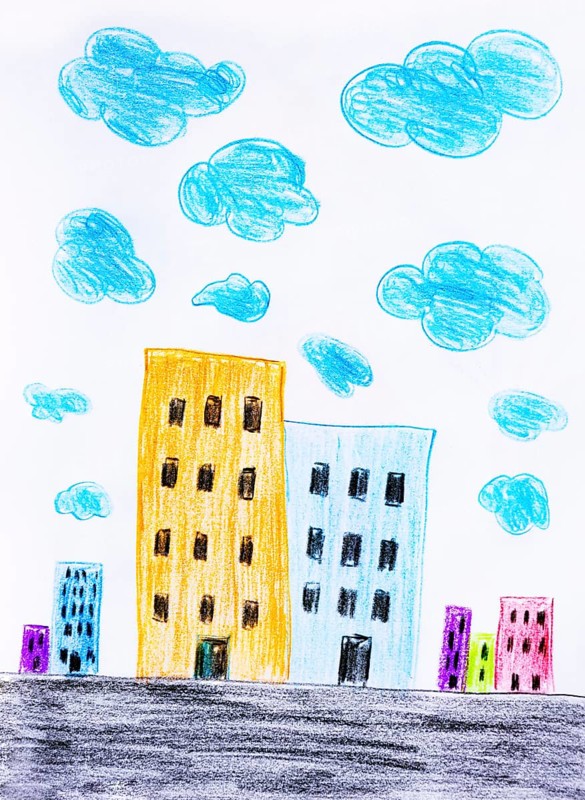 Naive illustration, children's drawing, colorful skyscrapers with clouds, Austria
