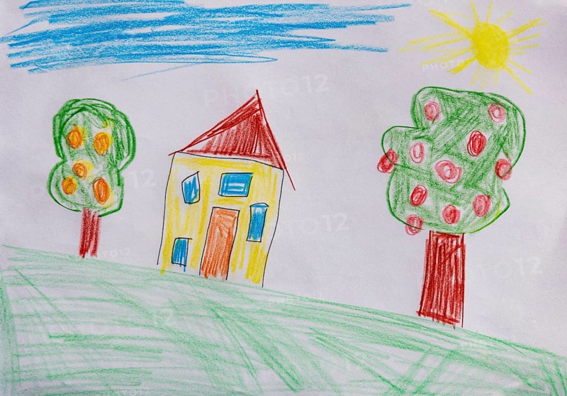 Naive illustration, children's drawing, residential building in the garden with fruit trees, Austria