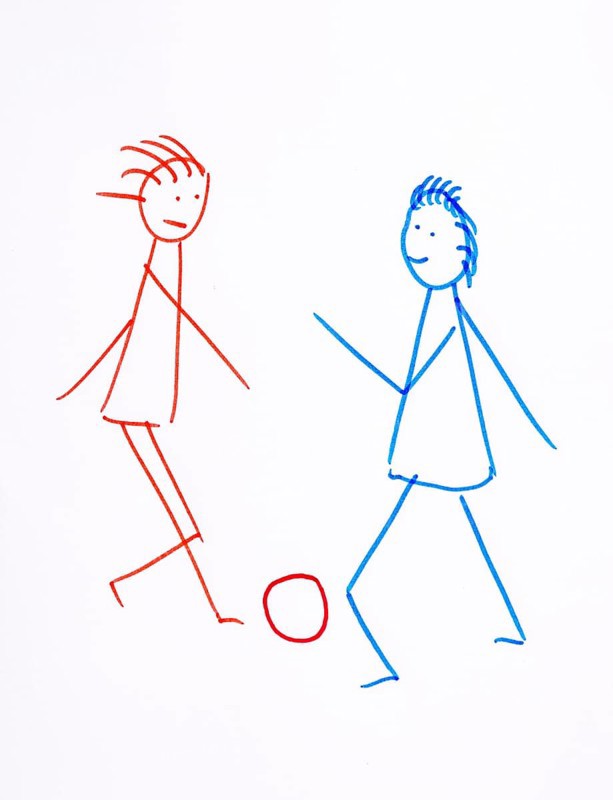 Naive illustration, children's drawing, two children playing soccer, line art, Austria