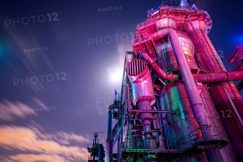 Industrial building in purple light under a starry night sky, Landschaftspark Duisburg Nord, Duisburg, North Rhine-Westphalia, Germany