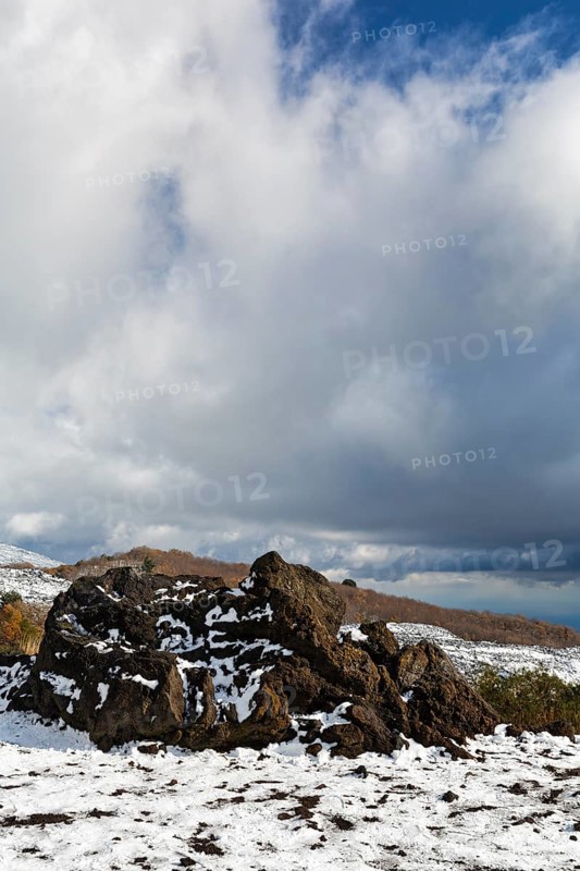 Barren volcanic landscape with remnants of snow, lava rock, Etna, Etna, Catania, Sicily, Italy