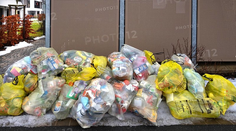 Yellow bags collection day, Eckental, Middle Franconia, Bavaria, Germany
