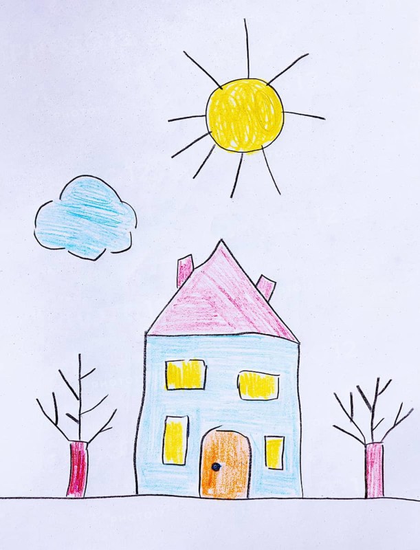 Naive illustration, children's drawing, house in the garden, sunshine and cloud, Austria