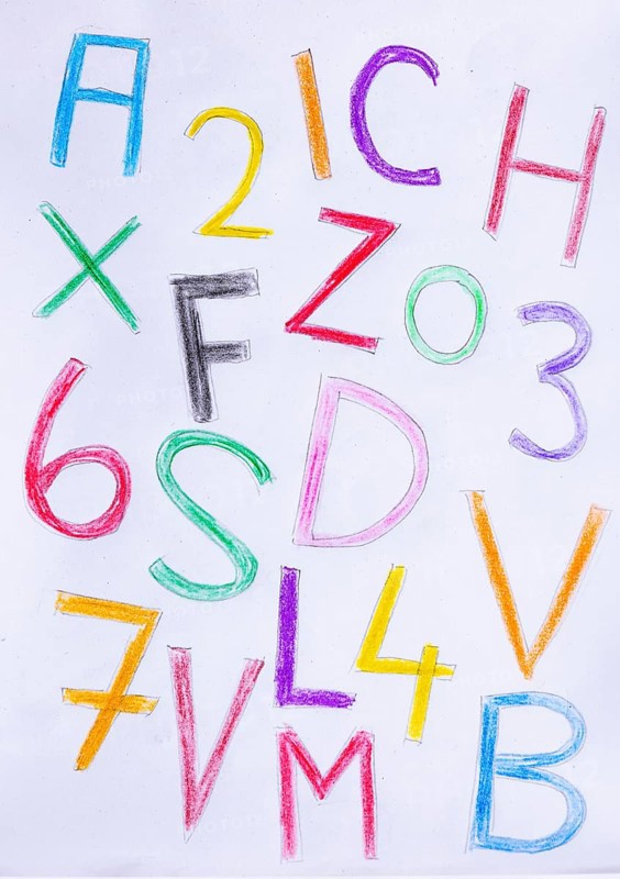 Naive illustration, children's drawing, colorful letters and numbers, Austria