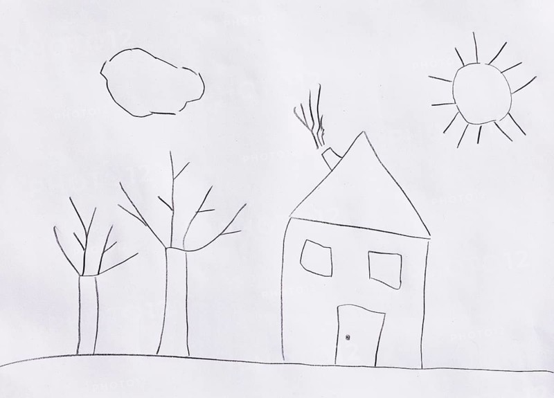 Naive illustration, children's drawing, house in the garden with trees and sun, Austria