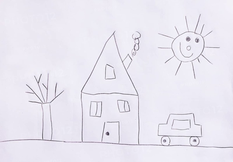 Naive illustration, children's drawing, house in the garden with car and sun, Austria