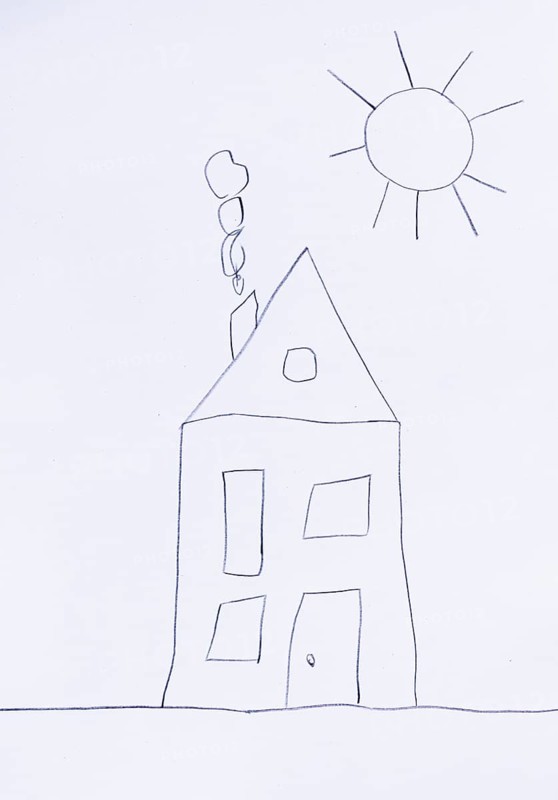 Naive illustration, children's drawing, house in the garden with sun, Austria