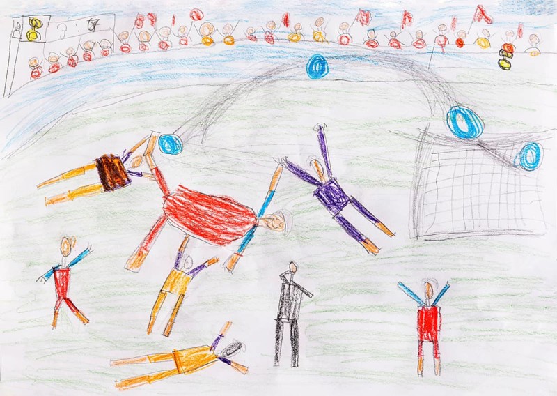 Naive illustration, children's drawing, children playing soccer, Austria