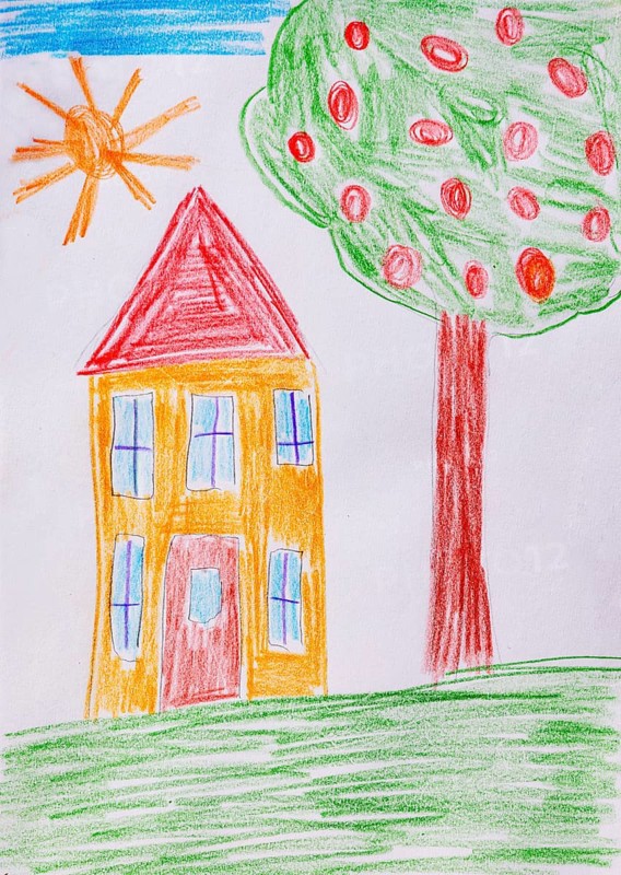Naive illustration, children's drawing, residential house in the garden with fruit tree, Austria