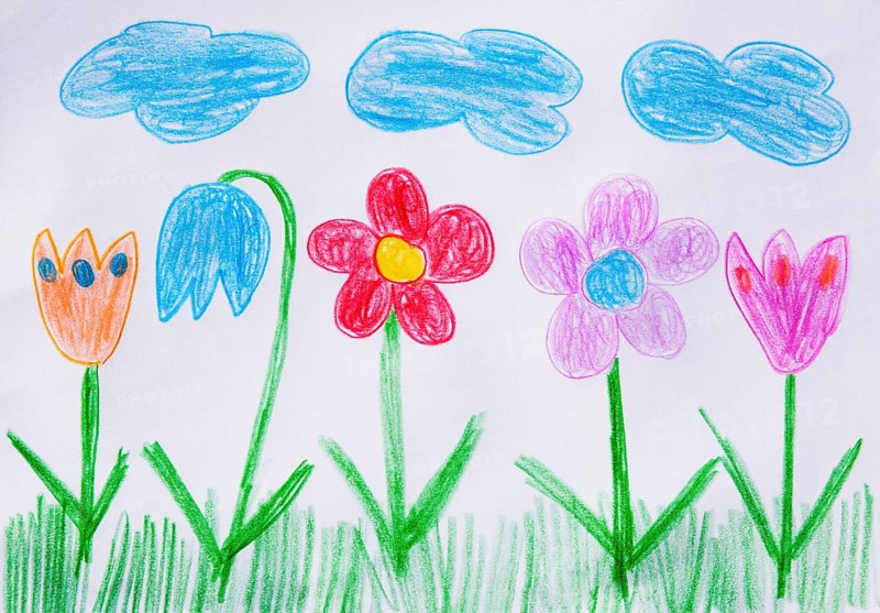 Naive illustration, children's drawing, colorful flower meadow with clouds, Austria