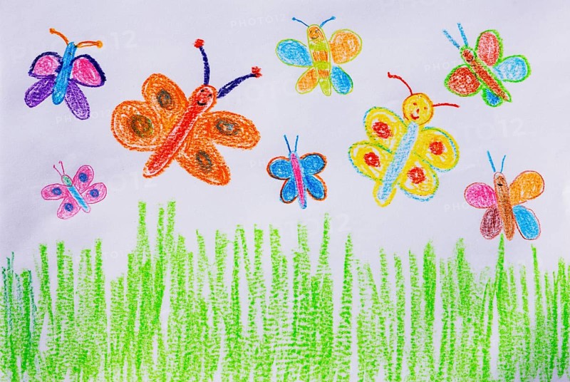 Naive illustration, child drawing, animal figure, colorful butterflies in the meadow, Austria