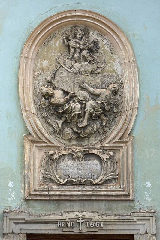 Religious relief from 1861 at the Baroque Franciscan Church, Cluj-Napoca, Romania